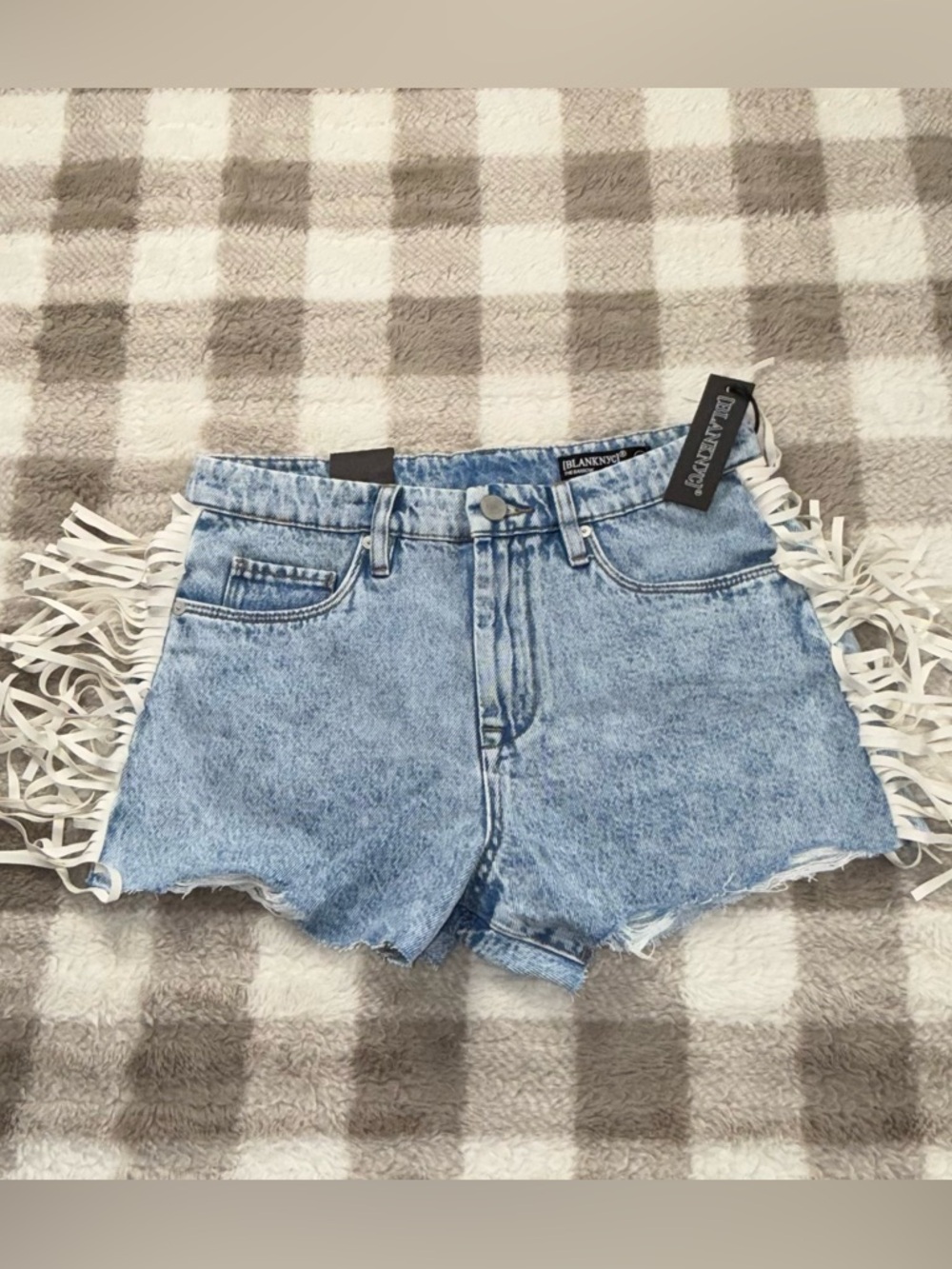 Blank NYC Light Blue Acid-Wash Denim Cutoff Shorts with Fringe